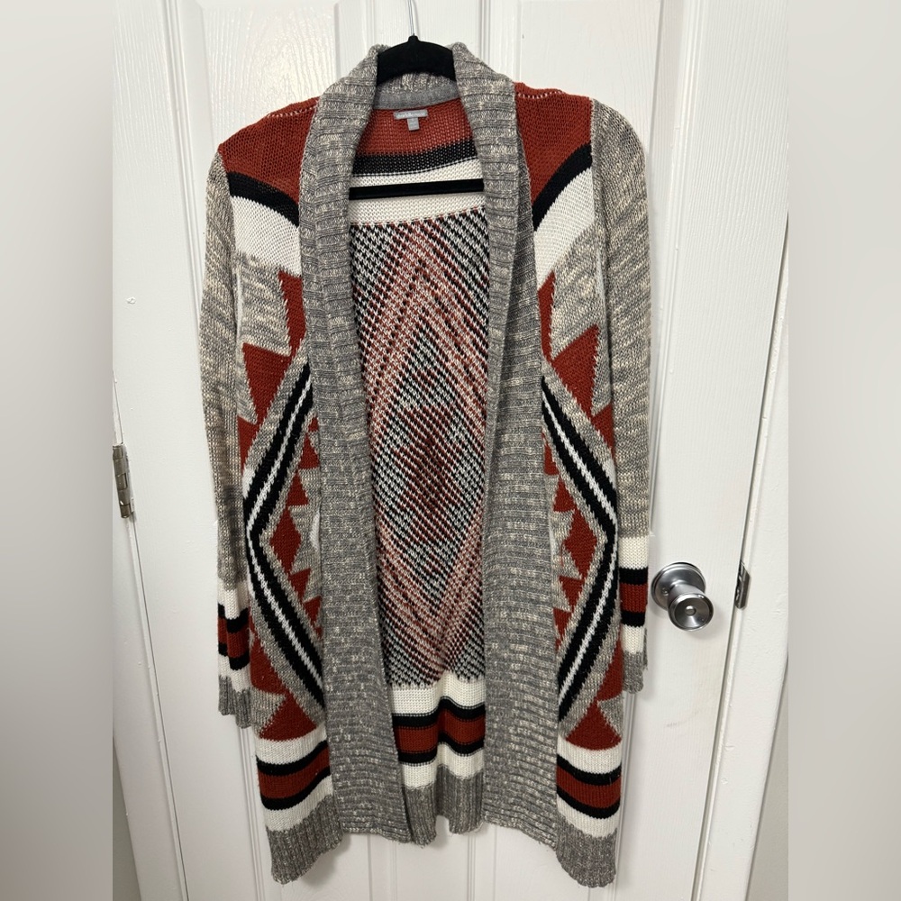 Tribal Patterned Cardigan - Gray, Rust, Black, White